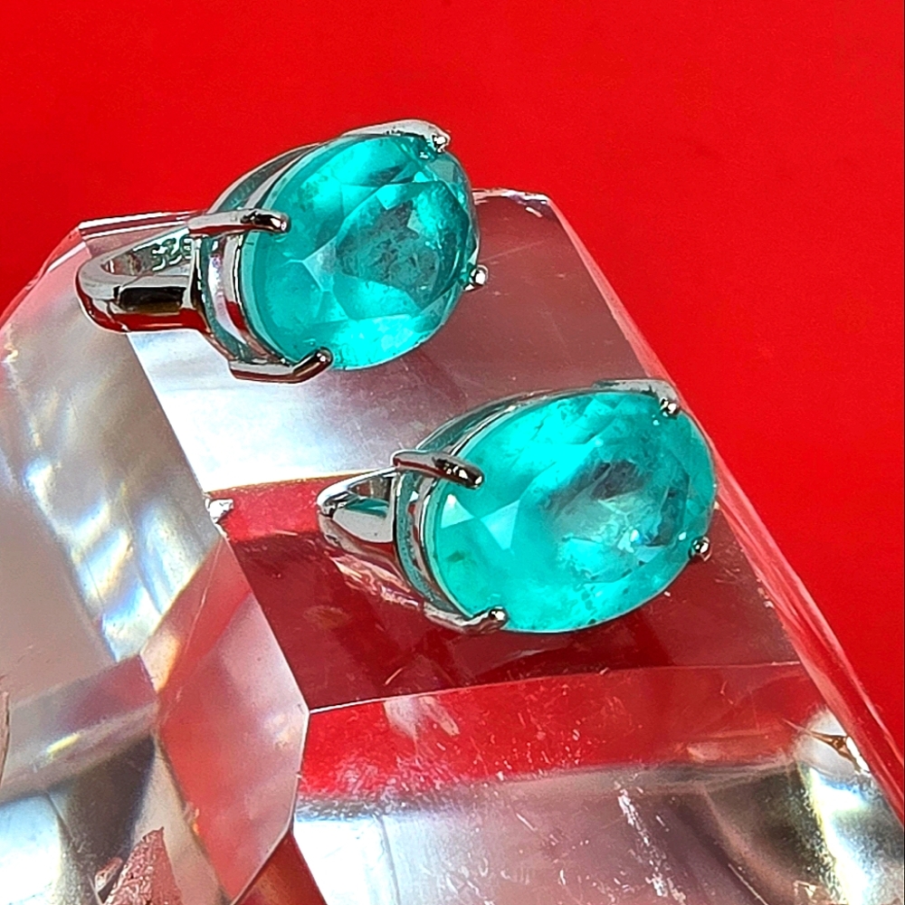 925 Sterling Silver Oval Earrings 1x1.5cm with Paraiba Doublet Quartz Gem